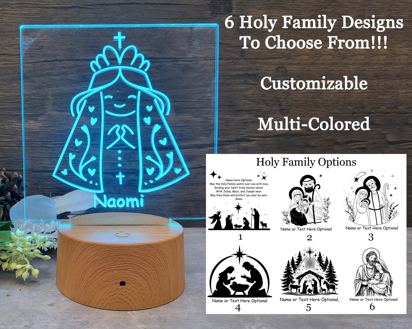 Engraved Night Light - Customizable Holy Family Designs